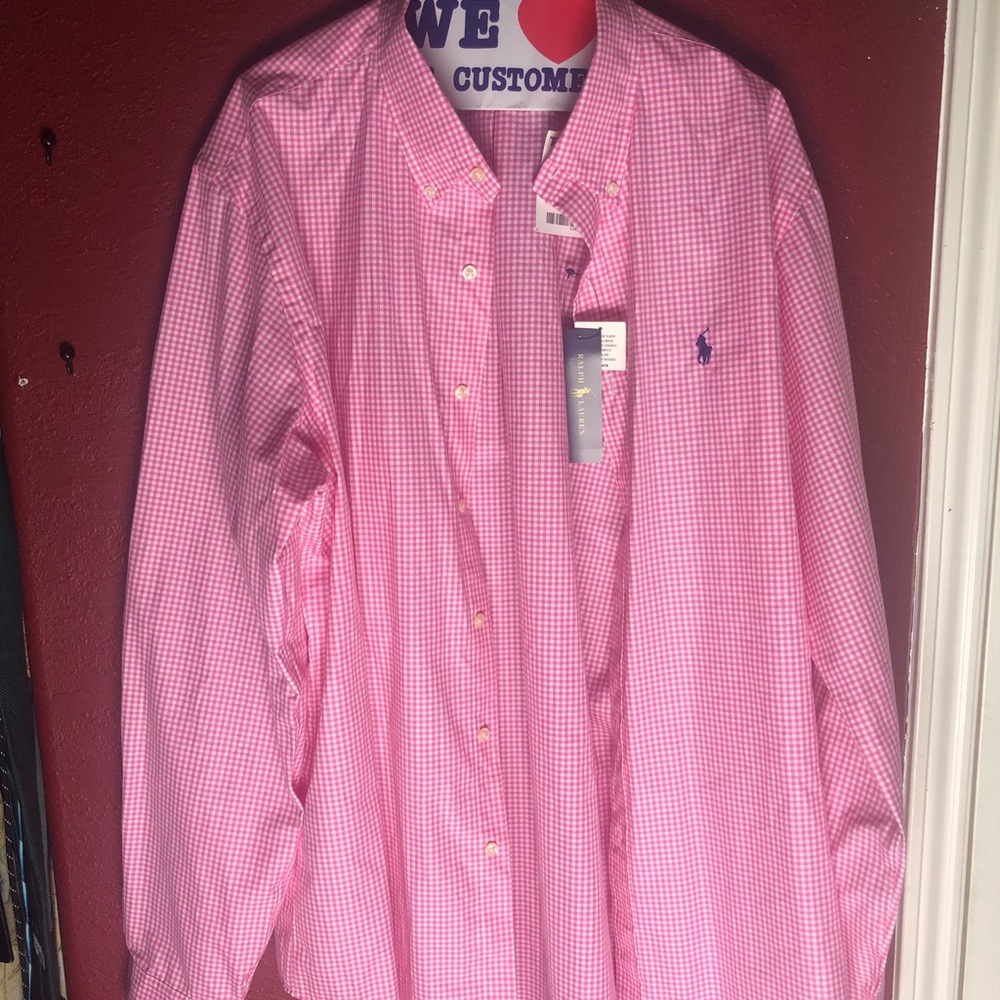 Pink + white checkered polo dress shirt